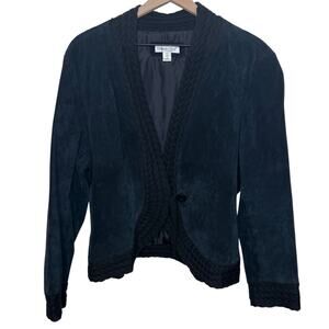 COLDWATER CREEK VINTAGE Women's XL Suede Leather Crochet Knit Trim Jacket Black